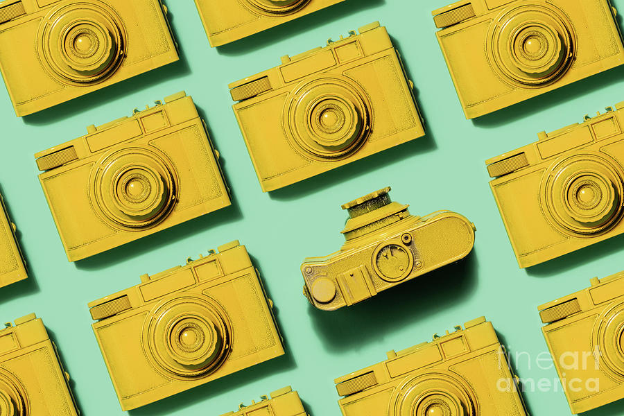 Vintage yellow cameras laying on green background Photograph by Michal Bednarek