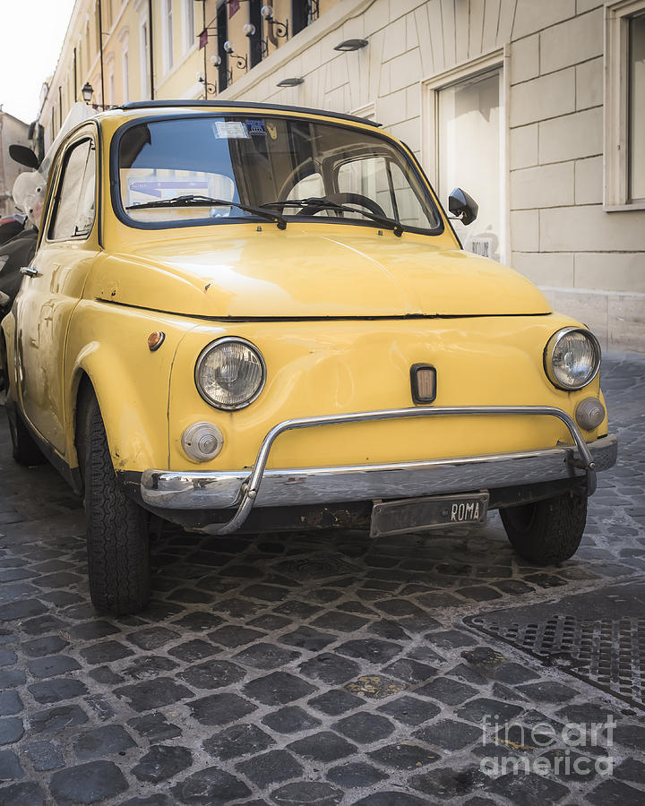 Vintage Photograph - Vintage Yellow Fiat 500 in Rome by Edward Fielding