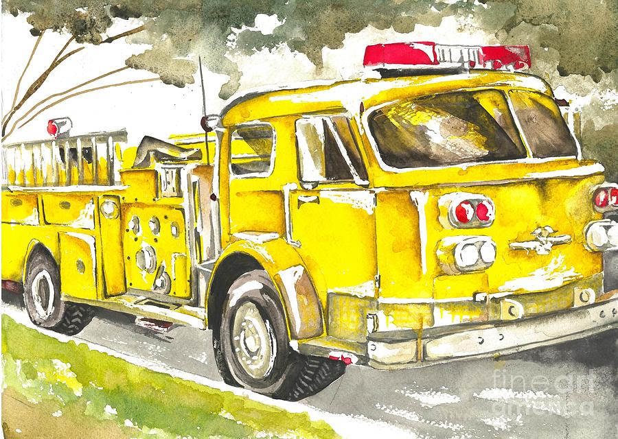 Vintage Yellow Fire Truck Painting by Norah Daily