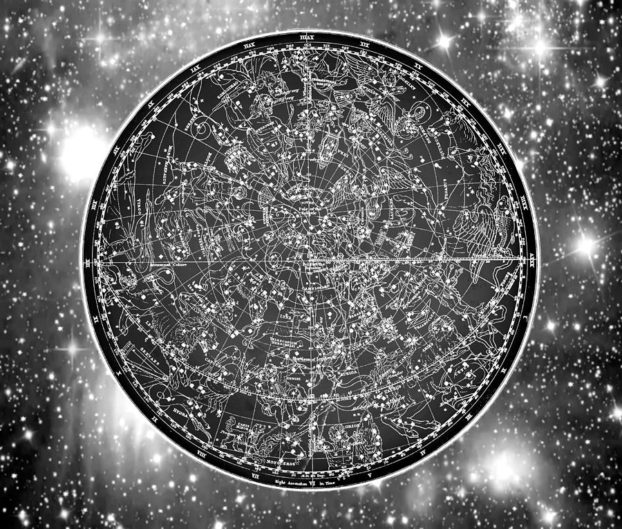 Vintage Zodiac Map - Black and White Digital Art by Marianna Mills
