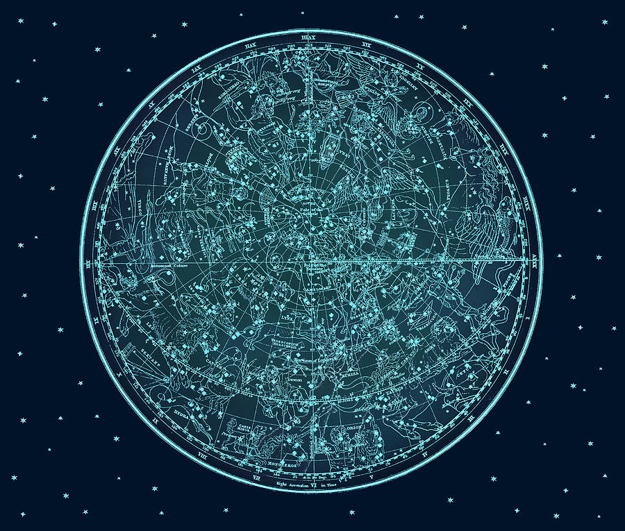 Vintage Zodiac Map - Teal Blue Digital Art