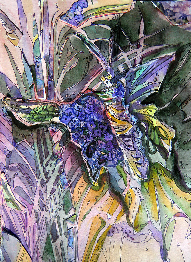Violets and Miss Butterfly Painting by Mindy Newman