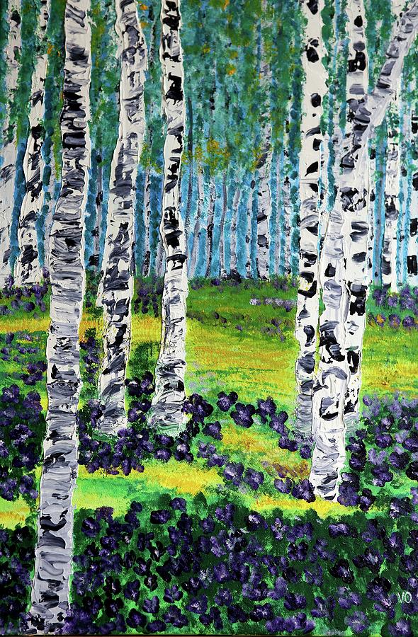 Violets under Birches Painting by Valerie Ornstein