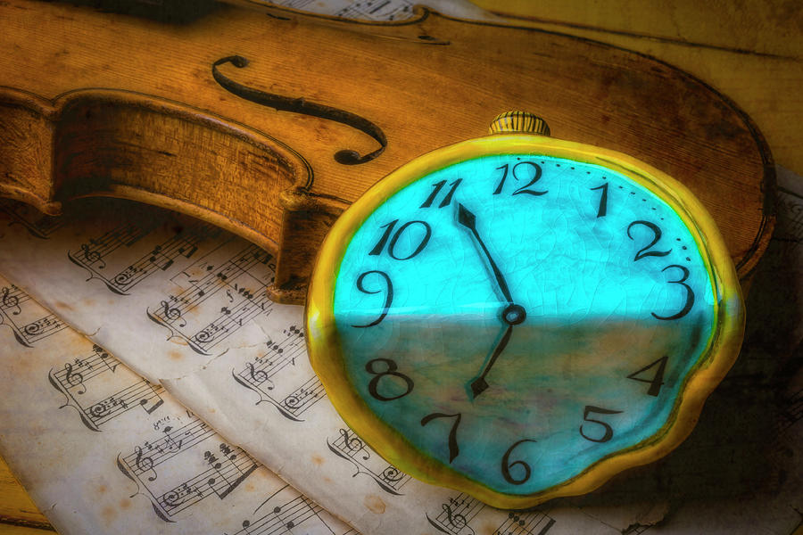 Violin And Blue Clock Photograph by Garry Gay