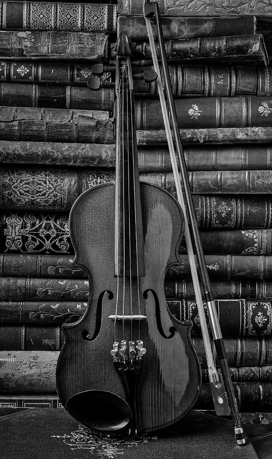Violin And Old Books Black And White Photograph by Garry Gay