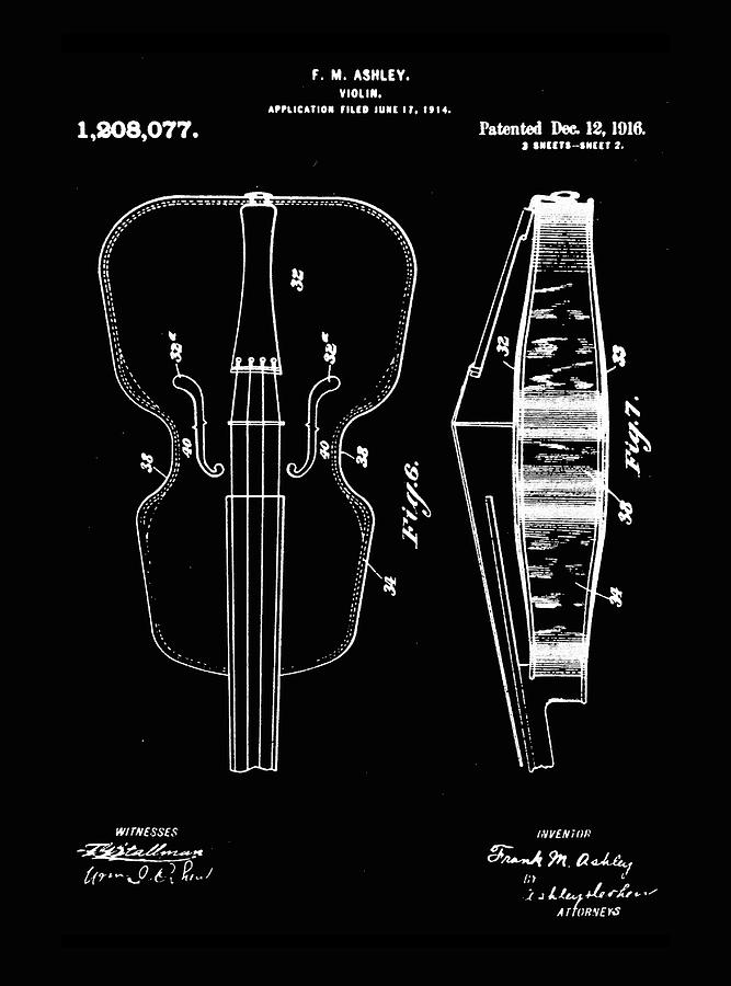 Violin Patent 1916 in Black Photograph by Digital Reproduction