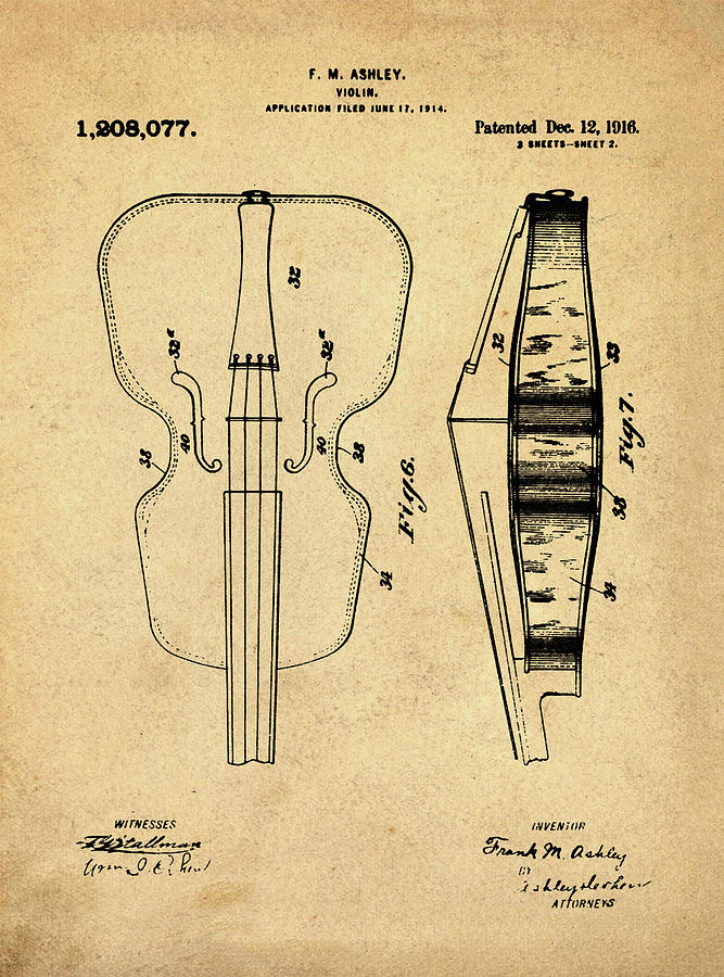 Violin Patent 1916 in Sepia Photograph by Digital Reproduction