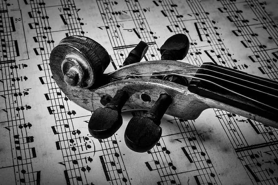 Violin Scroll On Sheet Music Photograph by Garry Gay