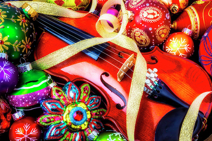 Violin With Christmas Ornaments Photograph by Garry Gay