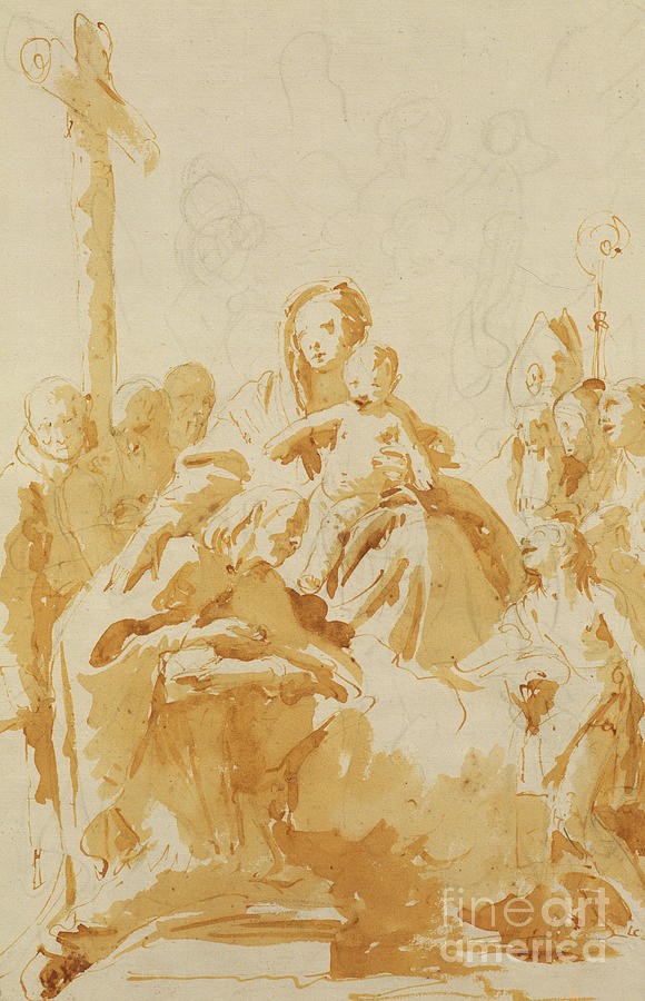 Virgin and Child Adored by Bishops, Monks and Women Drawing by Tiepolo