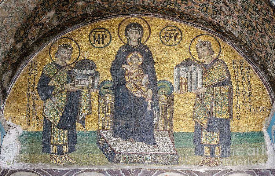 Virgin and Child flanked by Justinian I and Constantine mosaics Painting by Celestial Images