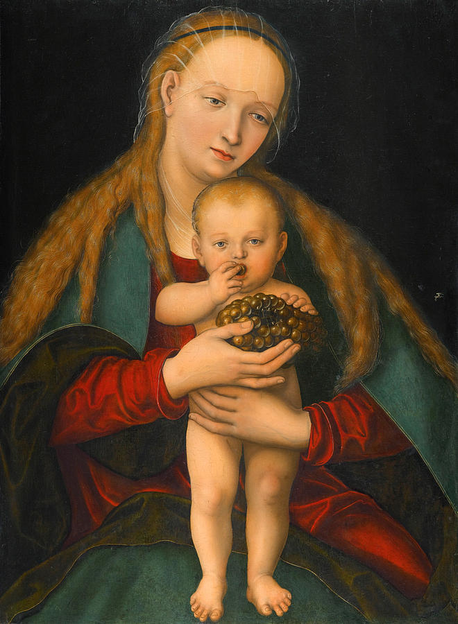 Virgin and child with a bunch of grapes Painting by Lucas Cranach the Elder