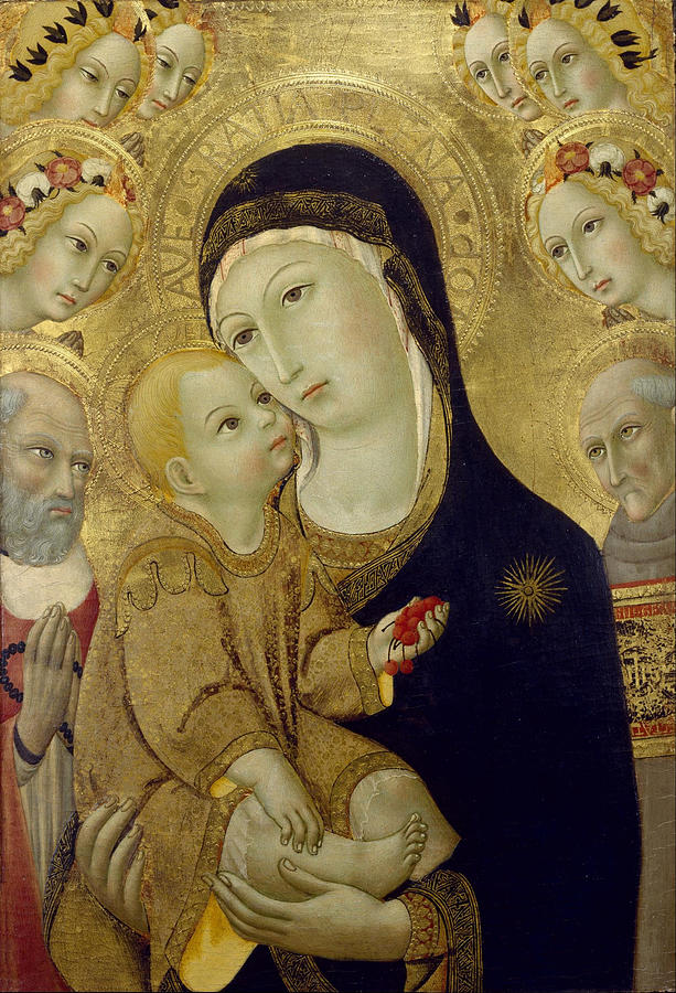 Virgin and Child with Saints Jerome and Bernardino of Siena and Six Angels Painting by Sano di Pietro
