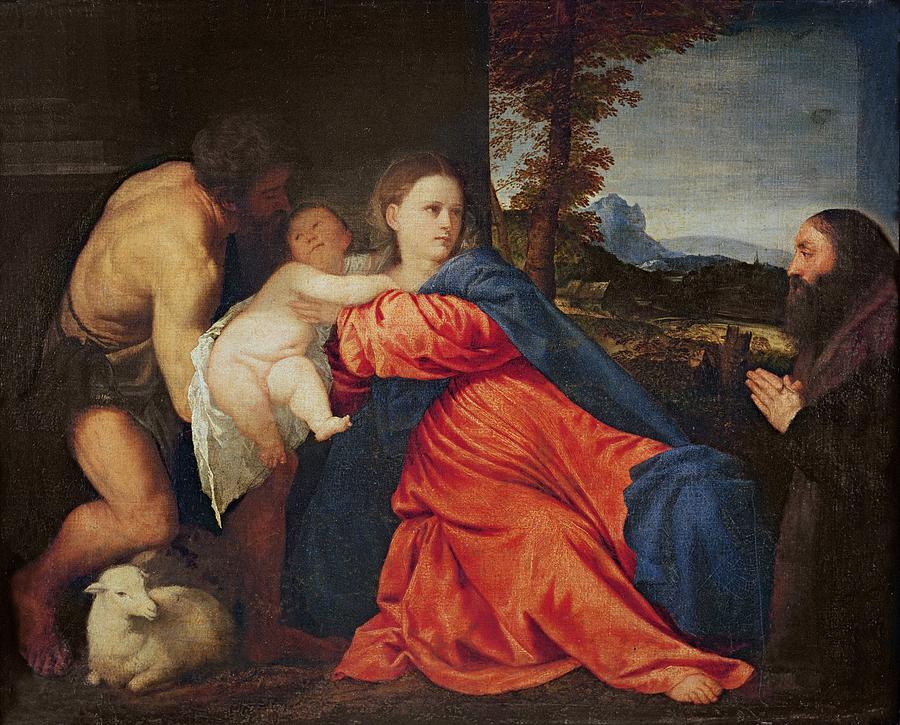 Titian Painting - Virgin and Infant with Saint John the Baptist and Donor by Titian