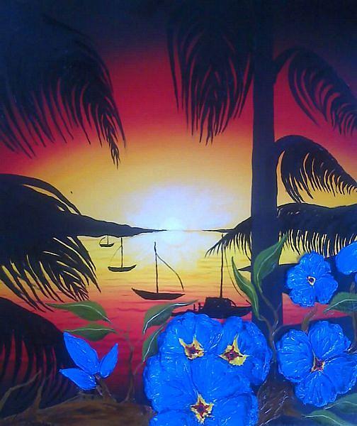 Virgin Island Palms At Sunset three Painting by James Dunbar