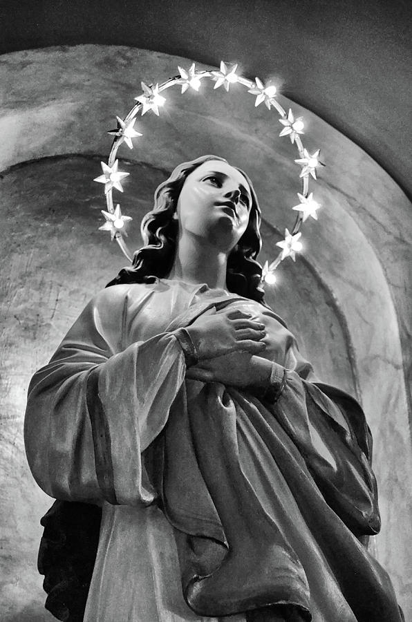Virgin Mary at Scala Santa Sanctuary Rome Italy Black and White Photograph by Shawn OBrien
