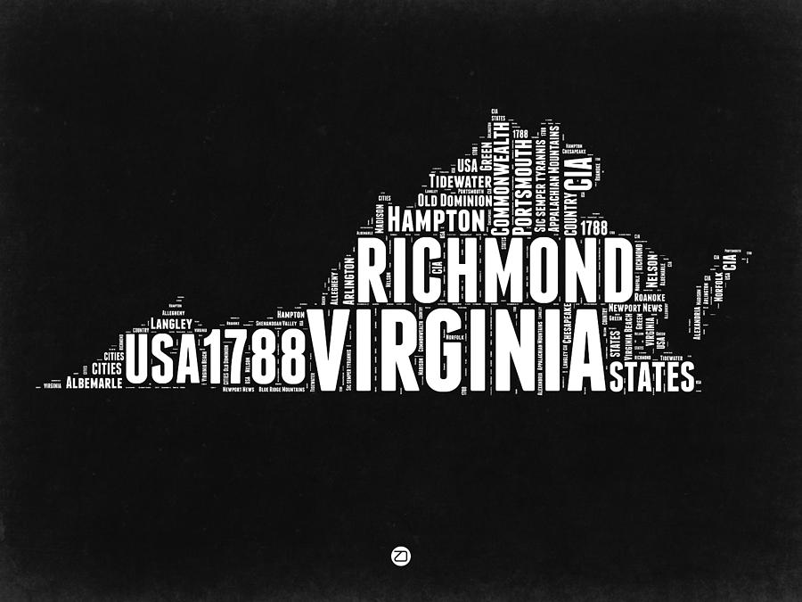 Independence Day Digital Art - Virginia Word Cloud Black and White Map by Naxart Studio