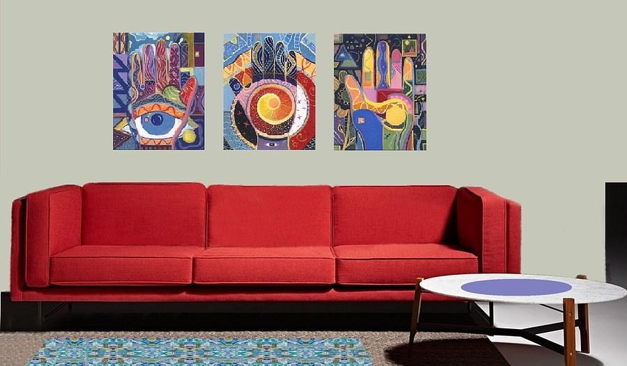 Interior Design Photograph - VIrtual L R with 3 paintings from the Spreading Goodwill - Blessings series by Helena Tiainen
