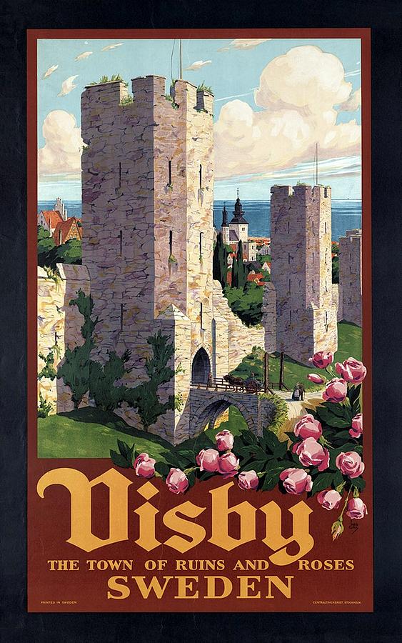 Visby, Gotland, Sweden - Town of Ruins and Roses - Retro travel Poster - Vintage Poster Mixed Media by Studio Grafiikka