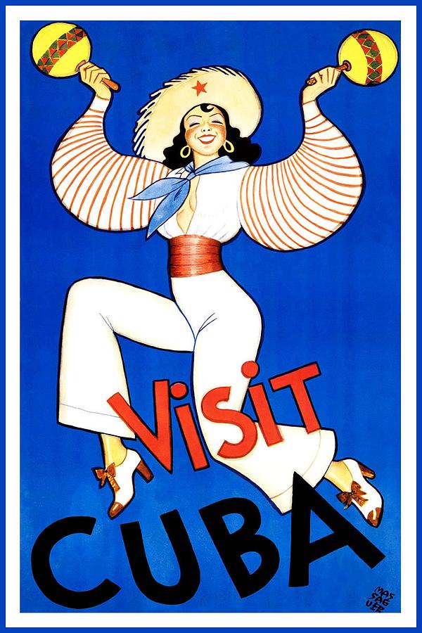 Visit Cuba, Caribbean - Woman Dancing And Shaking Maracas - Retro Travel Poster - Vintage Poster Mixed Media