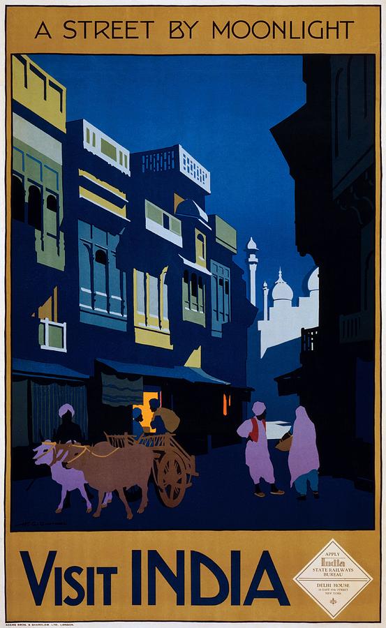 Visit India, a street by moonlight, travel poster, 1920 Painting by Vincent Monozlay