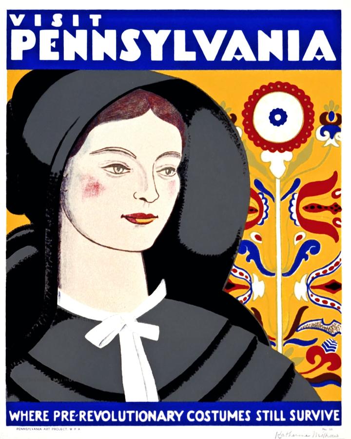 Visit Pennsylvania, where prerevolutionary costumes still survive, 1938 Painting by Vincent Monozlay