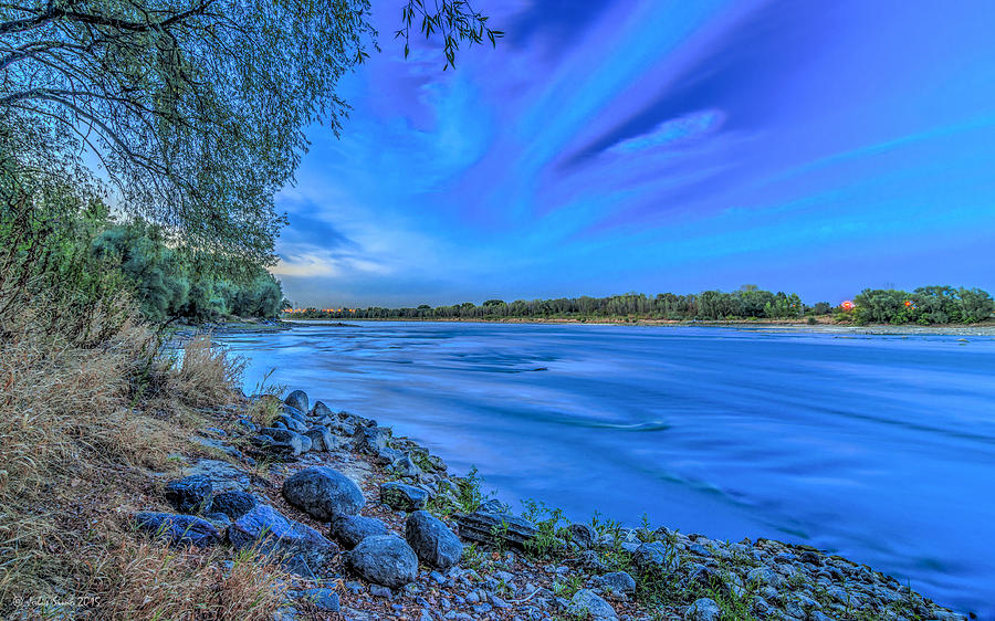 Vistula At Blue Hour Riverscape With Stones Photograph