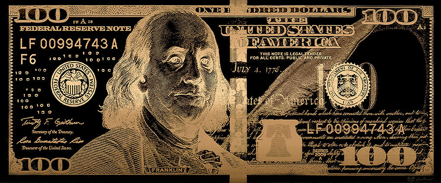 One Hundred US Dollar Bill - $100 USD in Gold on Black Digital Art by Serge Averbukh