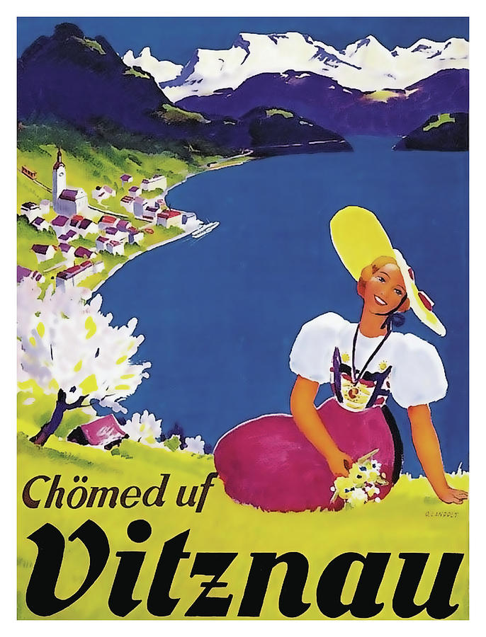 Mountain Painting - Vitznau, lake, Switzerland, travel poster by Long Shot