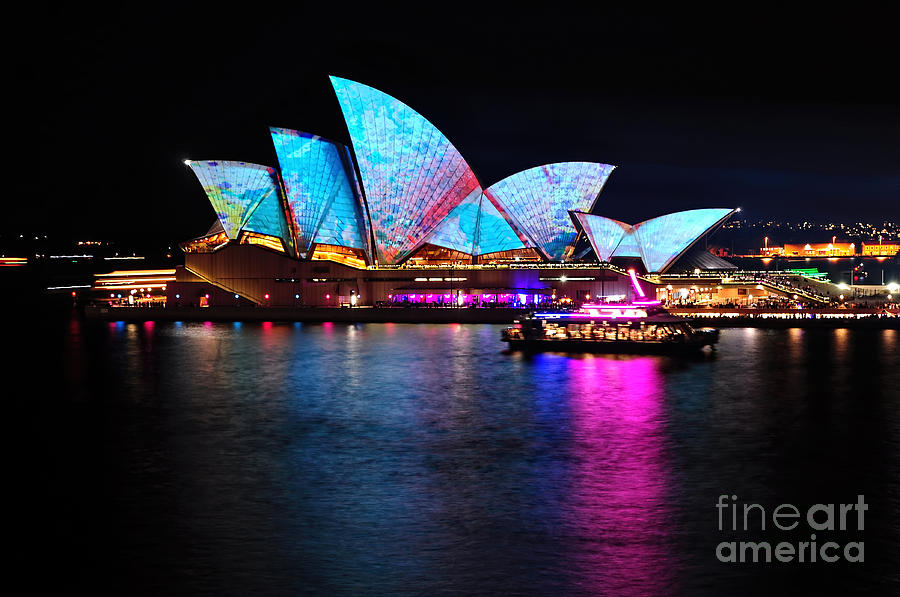 Pattern Photograph - Vivid Sydney - Opera House Aqua Blue by Kaye Menner by Kaye Menner
