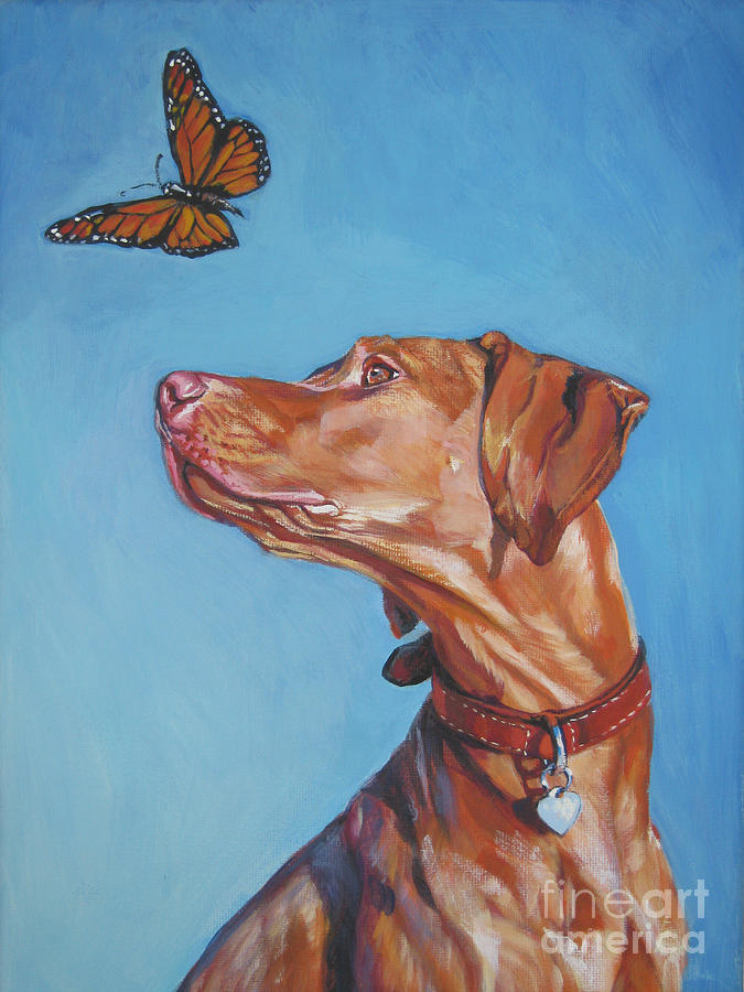 Vizsla and the butterfly Painting by Lee Ann Shepard