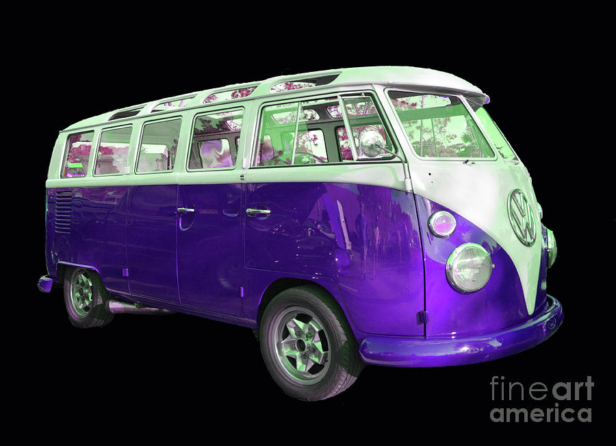 Volkswagen Bus Purple Pyrography by Christine Dekkers
