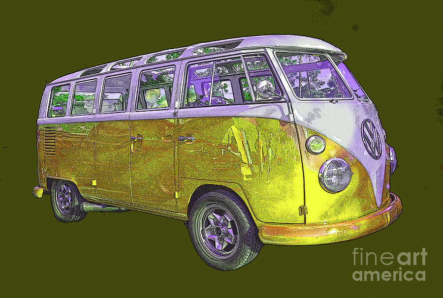 Volkswagen Bus Yellow with poster edges Painting by Christine Dekkers