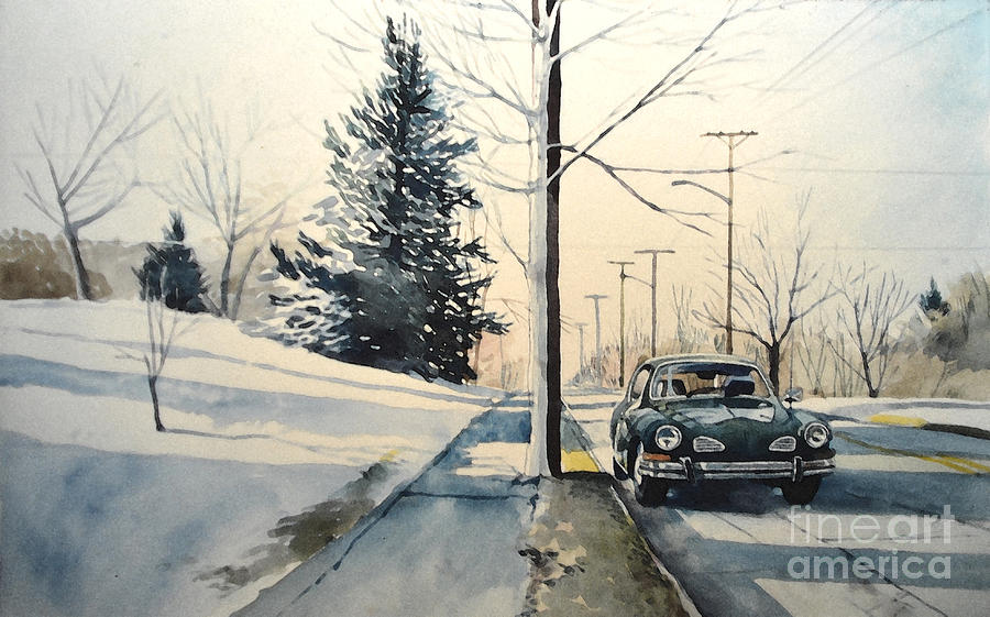 Volkswagen Karmann Ghia on snowy road Painting by Christopher Shellhammer