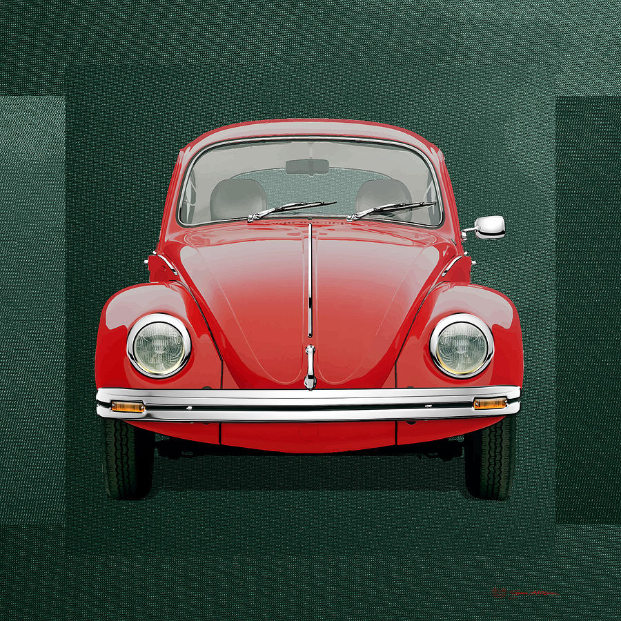 Car Digital Art - Volkswagen Type 1 - Red Volkswagen Beetle on Green Canvas by Serge Averbukh