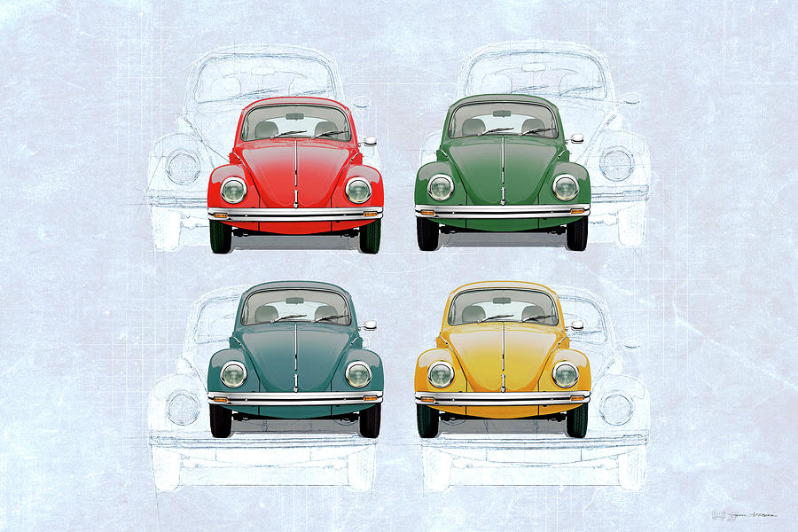 Car Digital Art - Volkswagen Type 1 - Variety of Volkswagen Beetle on Vintage Background by Serge Averbukh