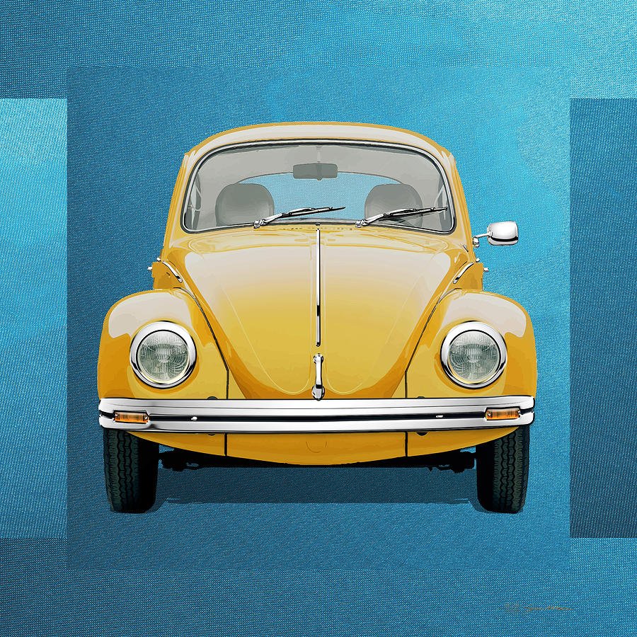 Car Digital Art - Volkswagen Type 1 - Yellow Volkswagen Beetle on Blue Canvas by Serge Averbukh