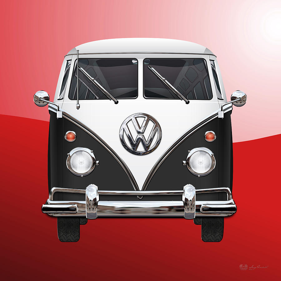 Car Digital Art - Volkswagen Type 2 - Black and White Volkswagen T 1 Samba Bus on Red by Serge Averbukh