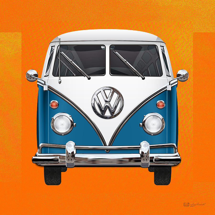 Volkswagen Type 2 - Blue and White Volkswagen T 1 Samba Bus over Orange Canvas  Digital Art by Serge Averbukh