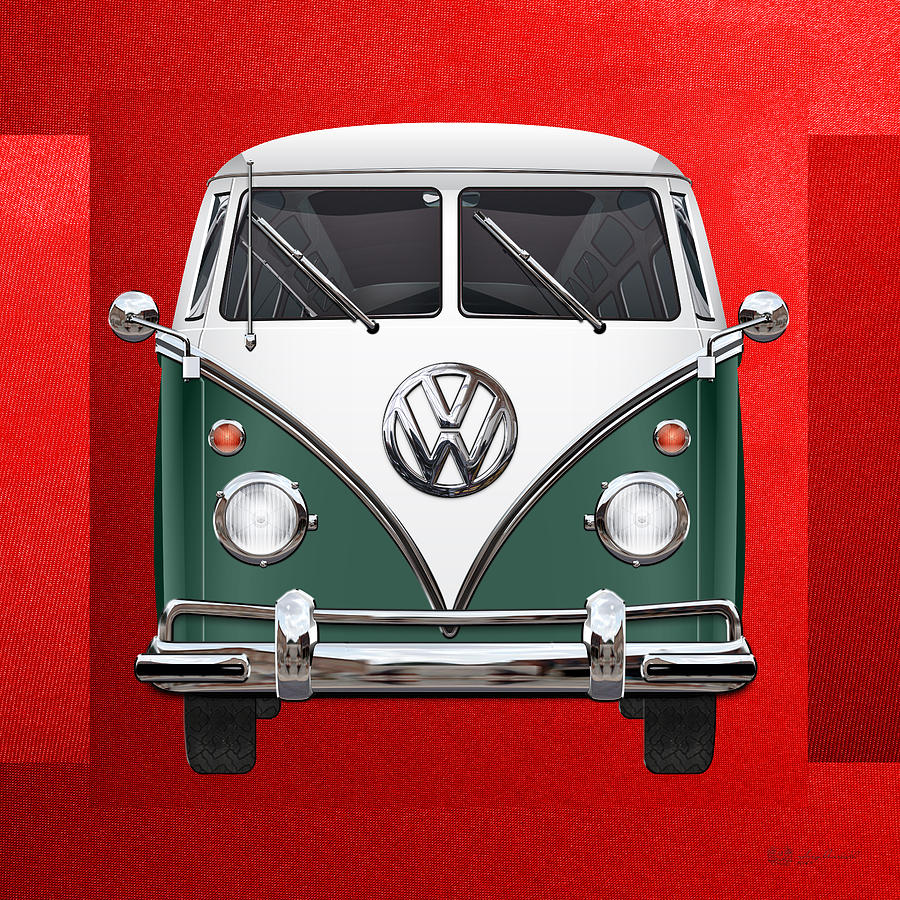 Car Digital Art - Volkswagen Type 2 - Green and White Volkswagen T 1 Samba Bus over Red Canvas  by Serge Averbukh
