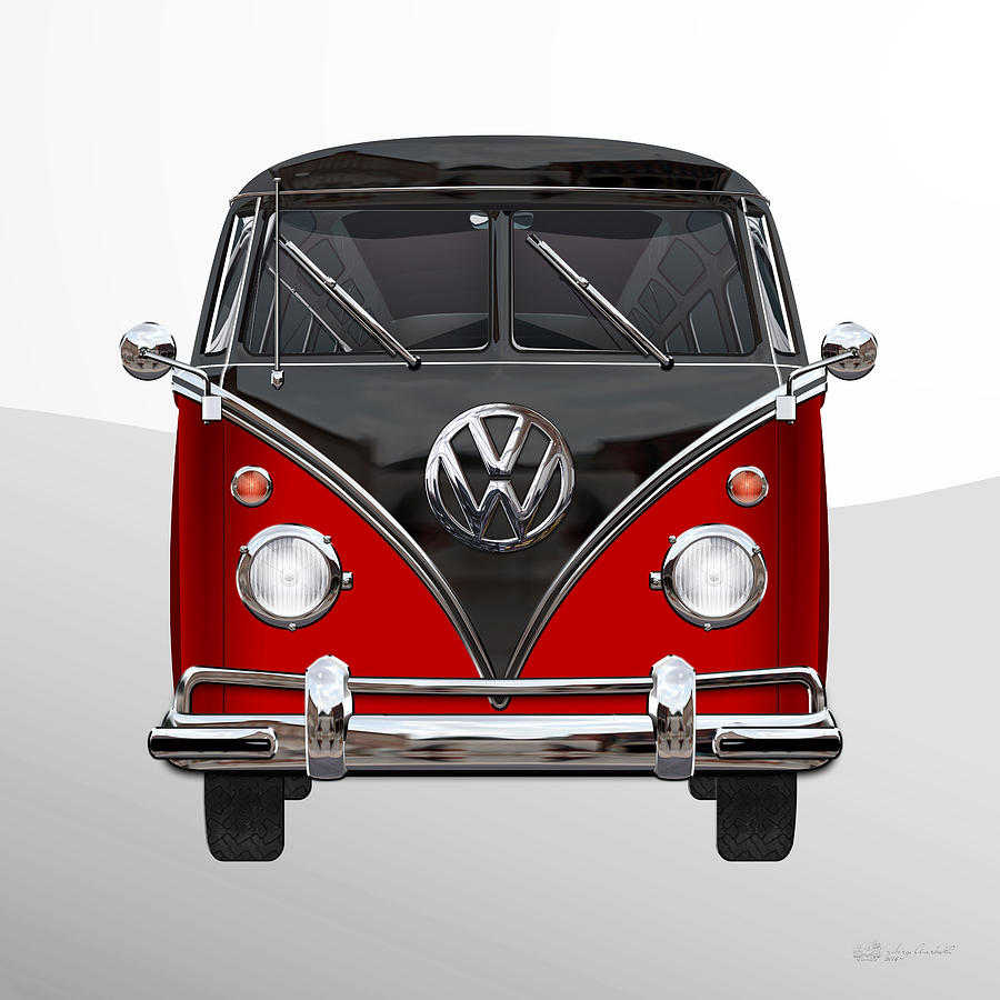 Car Digital Art - Volkswagen Type 2 - Red and Black Volkswagen T 1 Samba Bus on White by Serge Averbukh