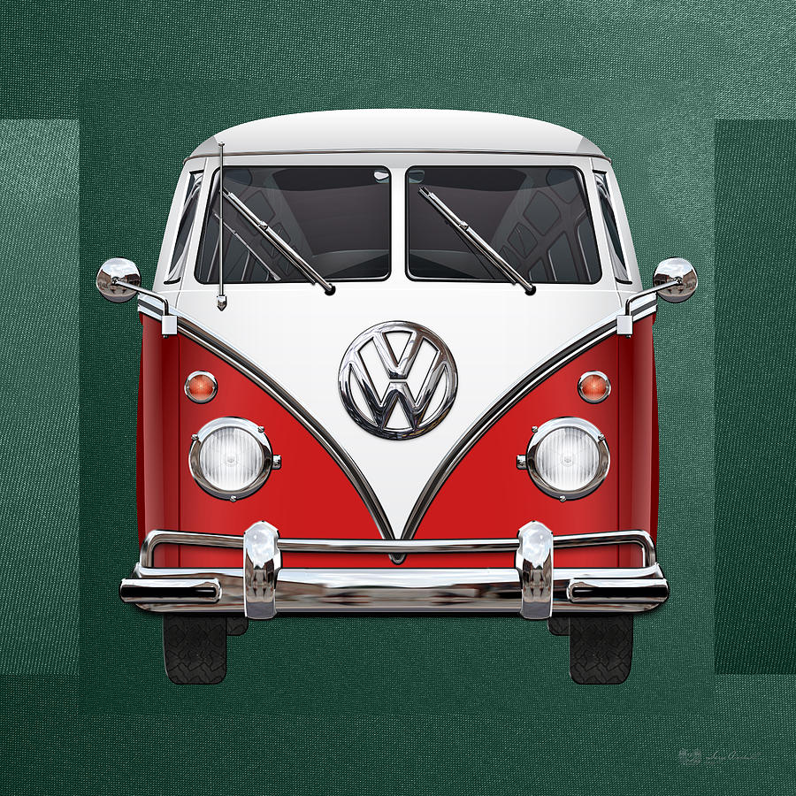 Car Digital Art - Volkswagen Type 2 - Red and White Volkswagen T 1 Samba Bus over Green Canvas  by Serge Averbukh