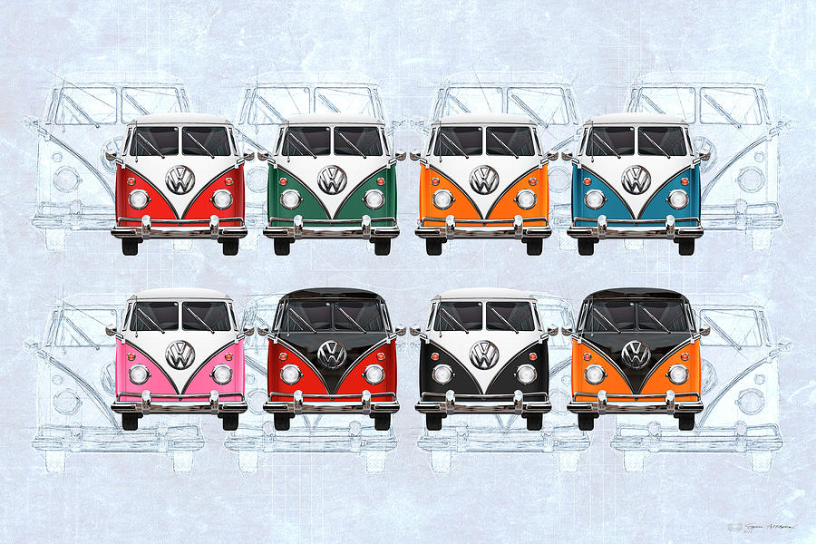 Volkswagen Type 2 - Variety of Volkswagen T1 Samba Buses on Vintage Background  Digital Art by Serge Averbukh