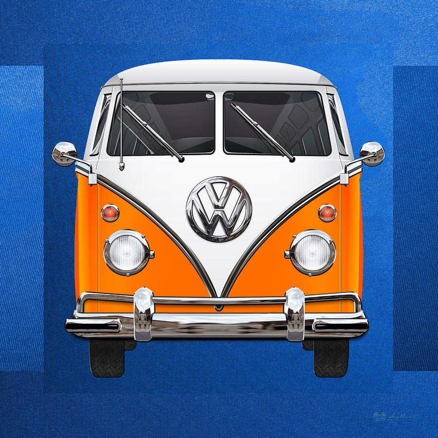 Car Photograph - Volkswagen Type - Orange and White Volkswagen T 1 Samba Bus over Blue Canvas by Serge Averbukh