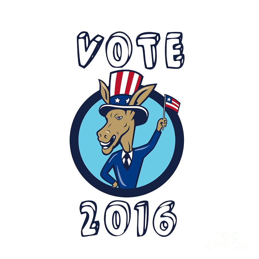Donkey Digital Art - Vote 2016 Democrat Donkey Mascot Flag Circle Cartoon by Aloysius Patrimonio
