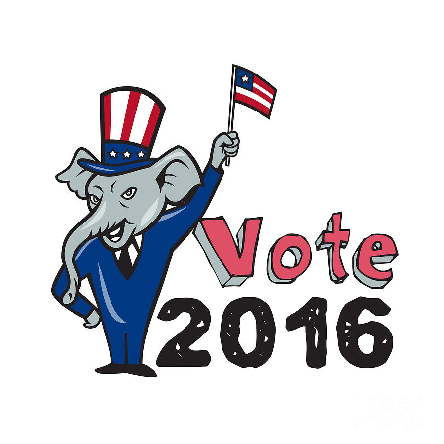 Elephant Digital Art - Vote 2016 Republican Mascot Waving Flag Cartoon by Aloysius Patrimonio