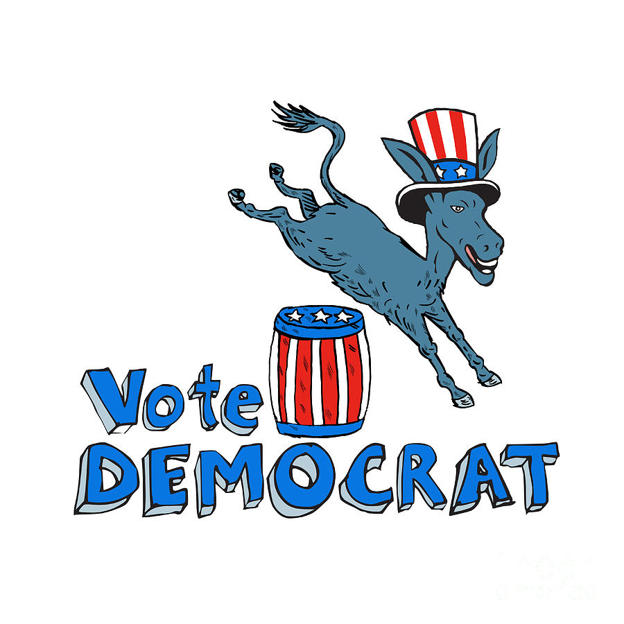 Donkey Digital Art - Vote Democrat Donkey Mascot Jumping Over Barrel Cartoon by Aloysius Patrimonio
