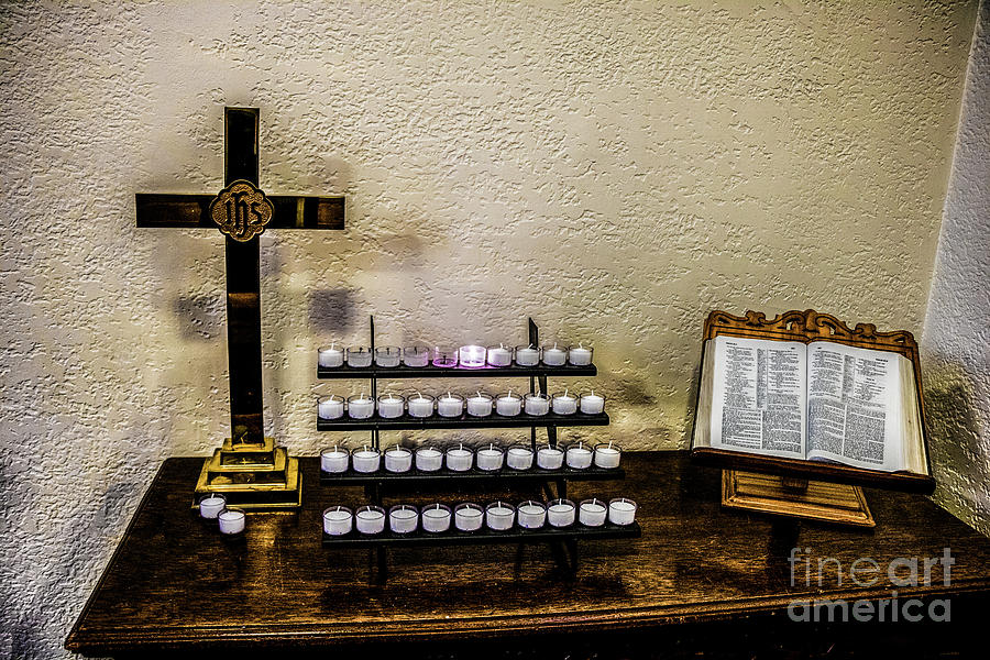 Votive Table, Crucifix and Bible Photograph by Thomas Marchessault