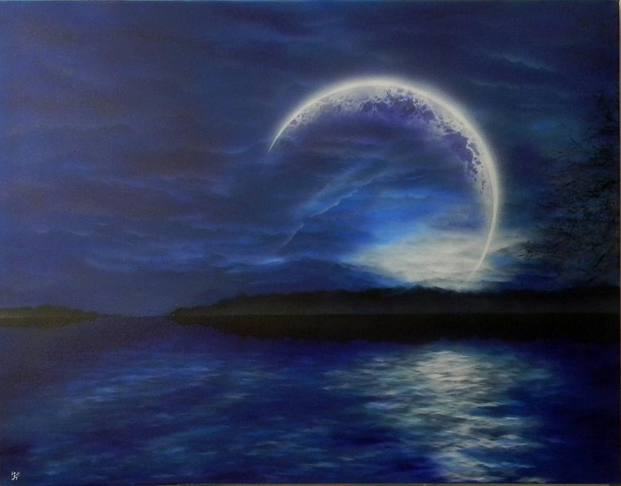 Nature Painting - Vyshtinec lake moon by Alexander Bukhanov