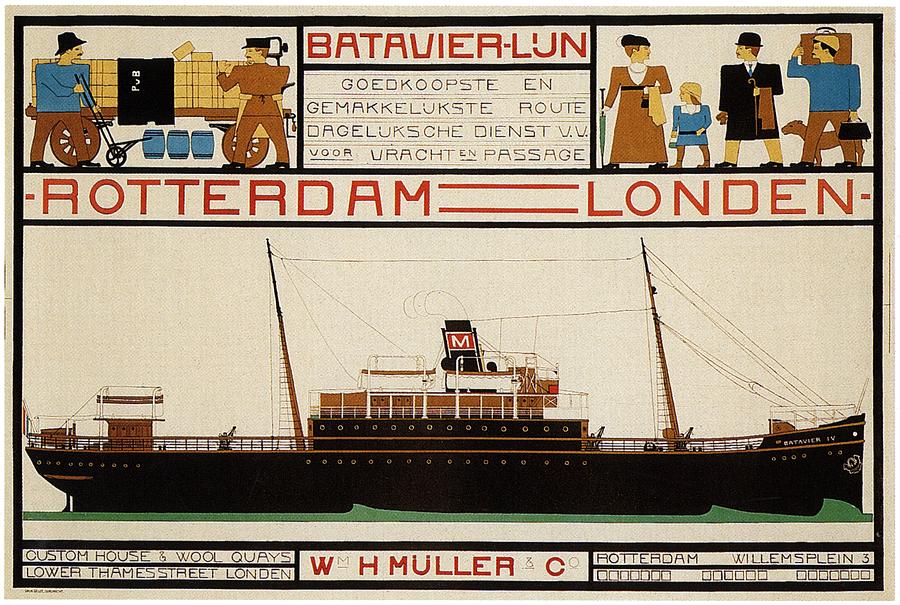 London Painting - W H Muller - Ocean Liner - Rotterdam to London - Vintage Advertising Poster by Studio Grafiikka